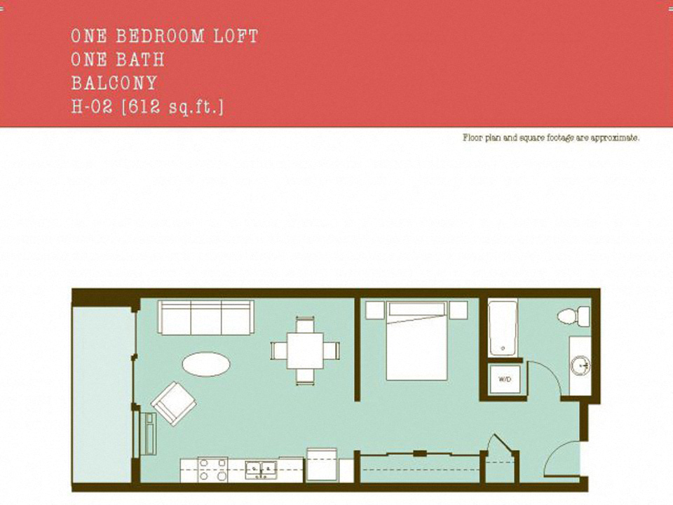 Floor plan for 1 bed, 1 bath, 612 sqft